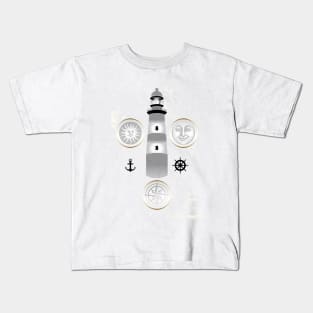 Nautical illustration of sun, moon and lighthouse in retro stamp design Kids T-Shirt